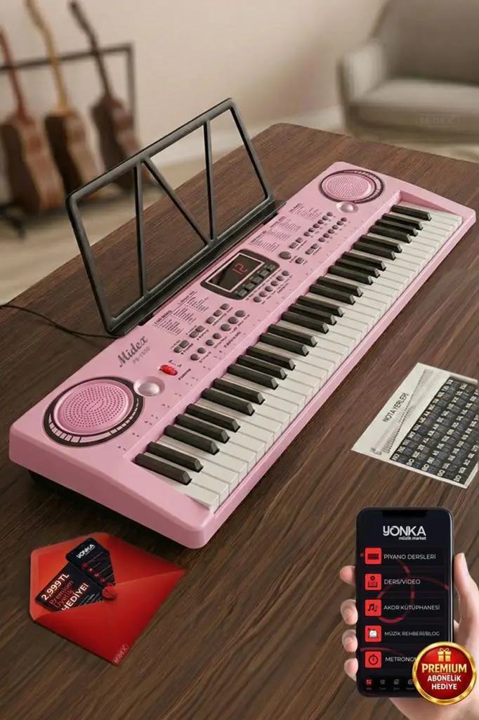 Midex PS-1500PK Başlangıç İçin 61 Tuşlu Org Pembe Renk Notalık Adaptör Mikrofon METOD (100 Ses 100 Ritim)
