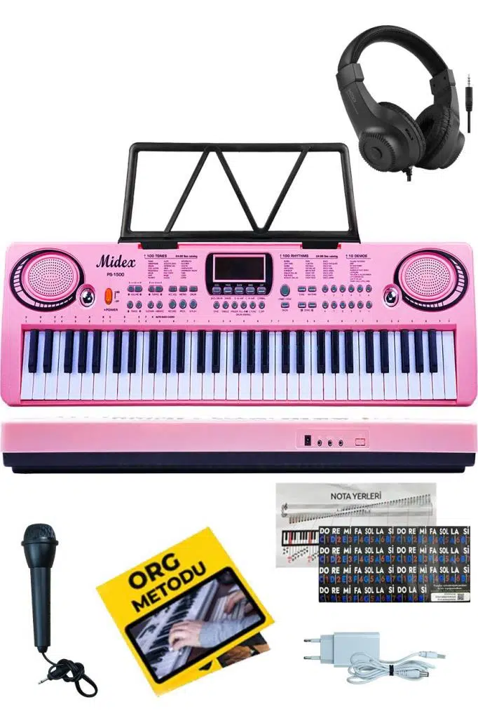 Midex PS-1500PK-H Başlangıç İçin Pembe 61 Tuşlu Org Kulaklık Notalık Mikrofon Metod (100 Ses 100 Ritim)