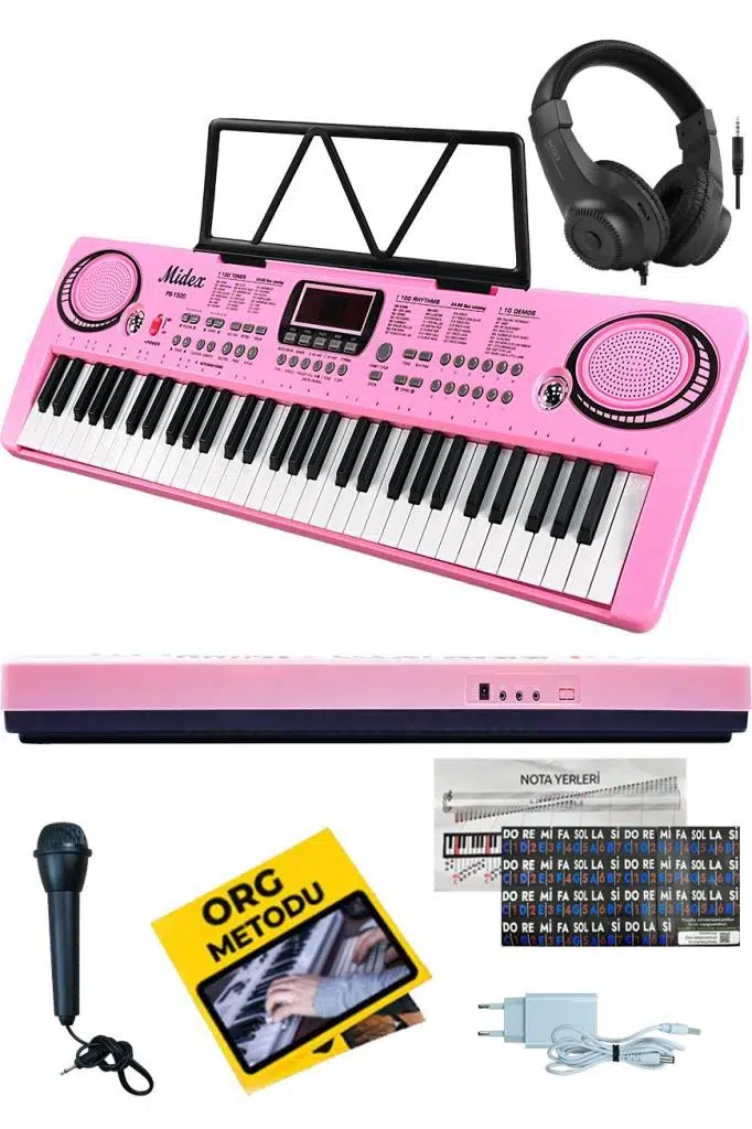 Midex PS-1500PK-H Başlangıç İçin Pembe 61 Tuşlu Org Kulaklık Notalık Mikrofon Metod (100 Ses 100 Ritim)