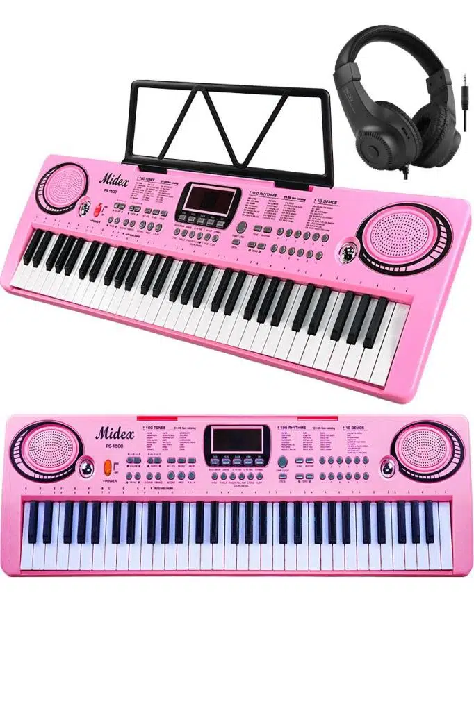 Midex PS-1500PK-H Başlangıç İçin Pembe 61 Tuşlu Org Kulaklık Notalık Mikrofon Metod (100 Ses 100 Ritim)