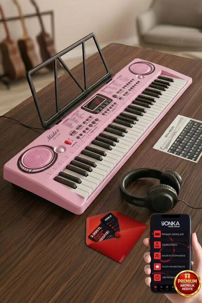 Midex PS-1500PK-H Başlangıç İçin Pembe 61 Tuşlu Org Kulaklık Notalık Mikrofon Metod (100 Ses 100 Ritim)