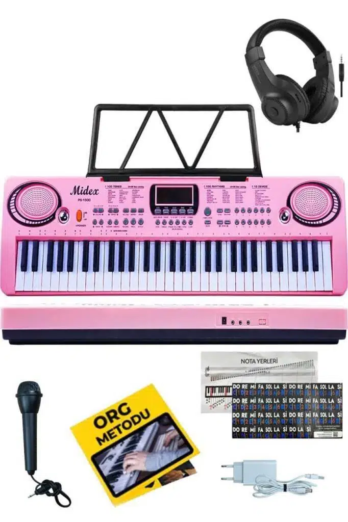 Midex PS-1500PK-H Başlangıç İçin Pembe 61 Tuşlu Org Kulaklık Notalık Mikrofon Metod (100 Ses 100 Ritim)