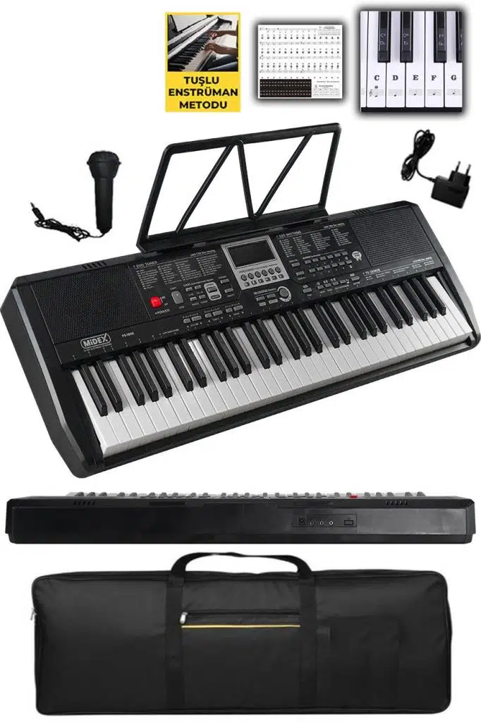 Midex PS-1800BK 61 Tuşlu Kaliteli Org Dijital Ekranlı Çanta Notalık Adaptör Sticker Öğrenim Metodu Midex PS-1800BK 61 Tuşlu Kaliteli Org Dijital Ekranlı Çanta Notalık Adaptör Sticker Öğrenim Metodu