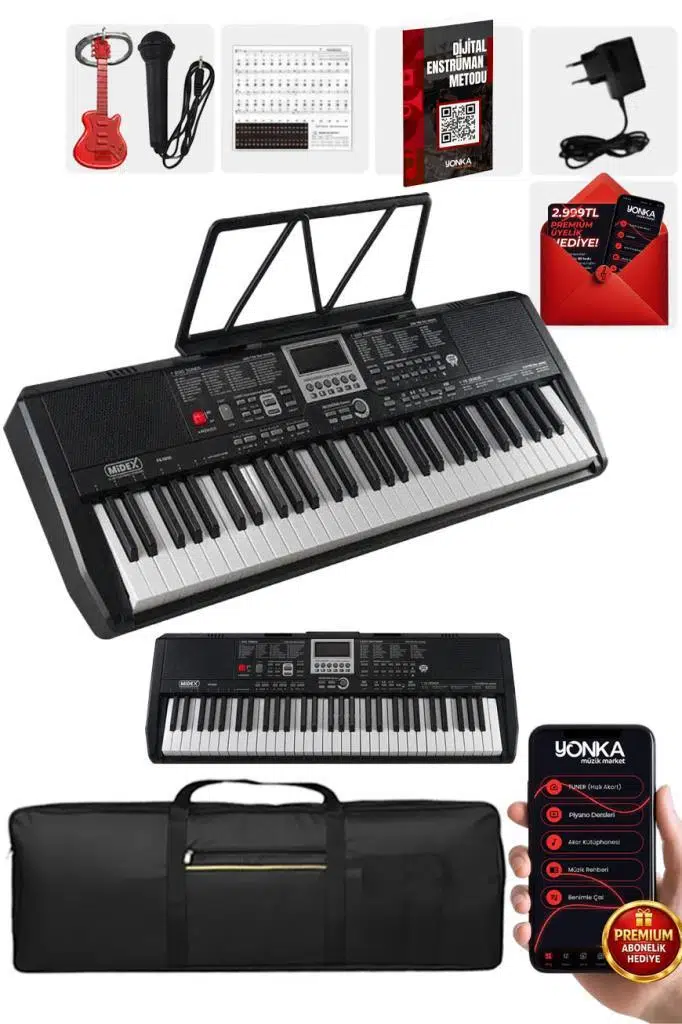Midex PS-1800BK 61 Tuşlu Kaliteli Org Dijital Ekranlı Çanta Notalık Adaptör Sticker Öğrenim Metodu