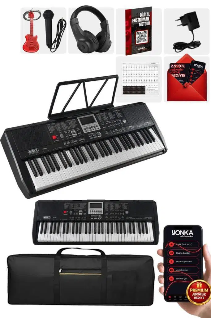 Midex PS-1800BK-H 61 Tuşlu Kaliteli Org Dijital Ekranlı Kulaklık Çanta Notalık Adaptör Sticker Öğrenim Metodu