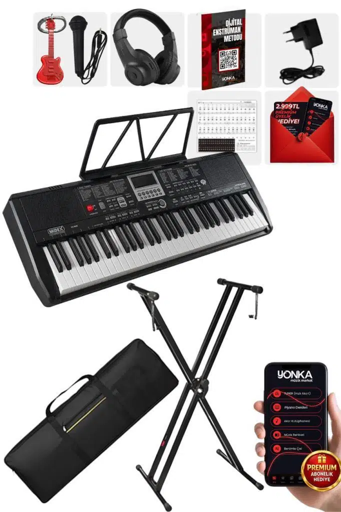 Midex PS-1800BK-SET 61 Tuşlu Kaliteli Org Dijital Ekranlı Stand Kulaklık Çanta Notalık Adaptör Sticker Metod