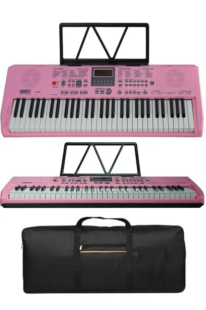 Midex PS-1800PK-H 61 Tuşlu Kaliteli Pembe Org Dijital Ekranlı Kulaklık Çanta Notalık Adaptör Sticker Metod