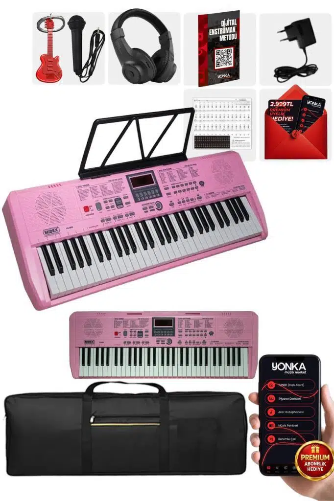 Midex PS-1800PK-H 61 Tuşlu Kaliteli Pembe Org Dijital Ekranlı Kulaklık Çanta Notalık Adaptör Sticker Metod
