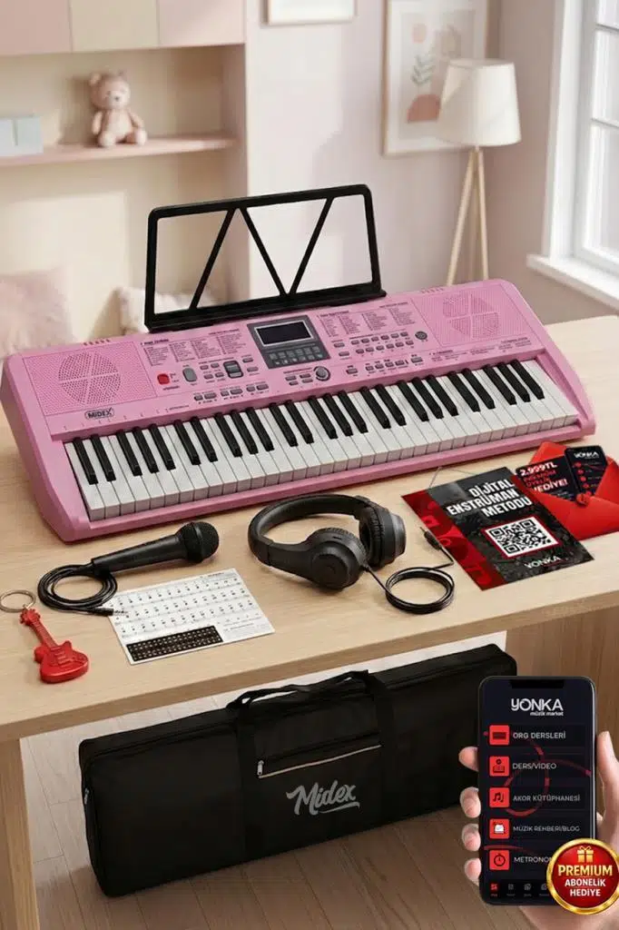 Midex PS-1800PK-H 61 Tuşlu Kaliteli Pembe Org Dijital Ekranlı Kulaklık Çanta Notalık Adaptör Sticker Metod Midex PS-1800PK-H 61 Tuşlu Kaliteli Pembe Org Dijital Ekranlı Kulaklık Çanta Notalık Adaptör Sticker Metod