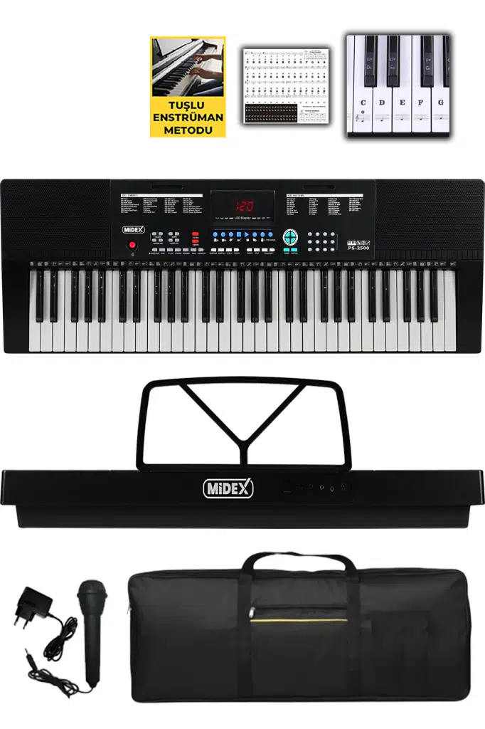Midex PS-2500 LED Ekran 61 Tuşlu Org Çanta Notalık Adaptör Metod (300 Ses 300 Ritim)