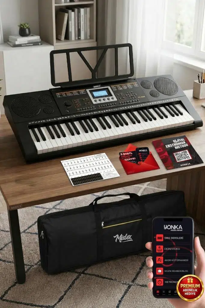 Midex PS-3500 Tuş Hassasiyetli Org 61 Tuşlu Org 5 Oktav Çanta Nota Standı Adaptör Metod (300 Ses 300 Ritim)