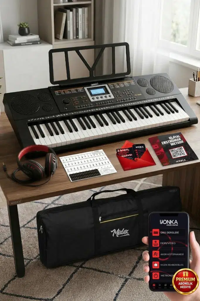 Midex PS-3500K Tuş Hassasiyetli 61 Tuşlu Org (Çanta Kulaklık Notalık Adaptör Metod)