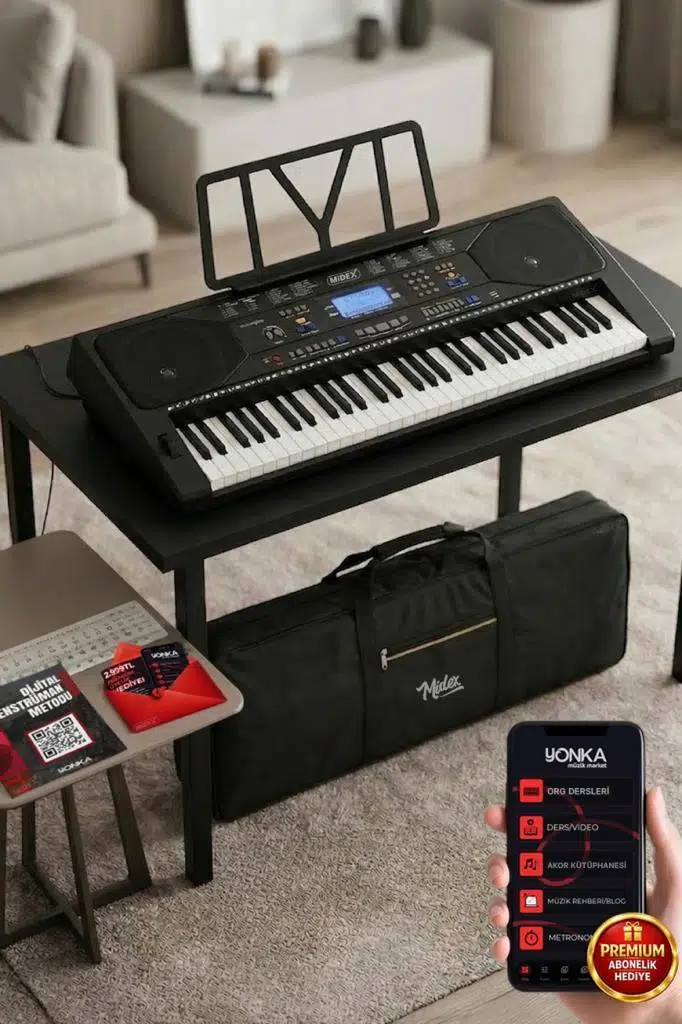 Midex PS-4500 Tuş Hassasiyetli 61 Tuşlu Org Dijital LCD Ekran USB MP3 Çanta Notalık Adaptör Dahil (300 Ses 300 Ritim)