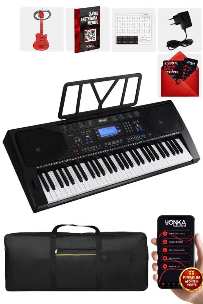 Midex PS-4500 Tuş Hassasiyetli 61 Tuşlu Org Dijital LCD Ekran USB MP3 Çanta Notalık Adaptör Dahil (300 Ses 300 Ritim)