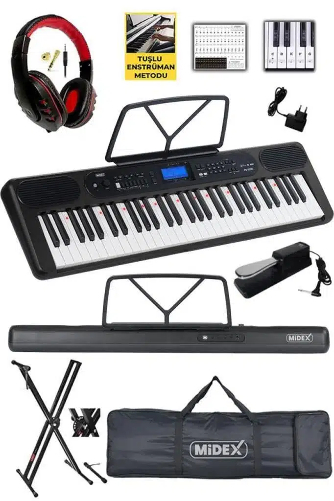 Midex PS-5200BK-HSS Pro Org 61 LED Işıklı Tuş Hassasiyetli Bluetooth Midi Kulaklık Stand Sustain