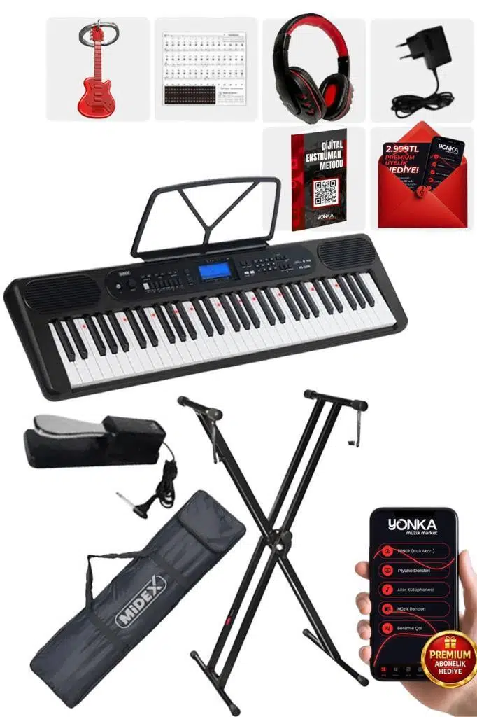 Midex PS-5200BK-HSS Pro Org 61 LED Işıklı Tuş Hassasiyetli Bluetooth Midi Kulaklık Stand Sustain