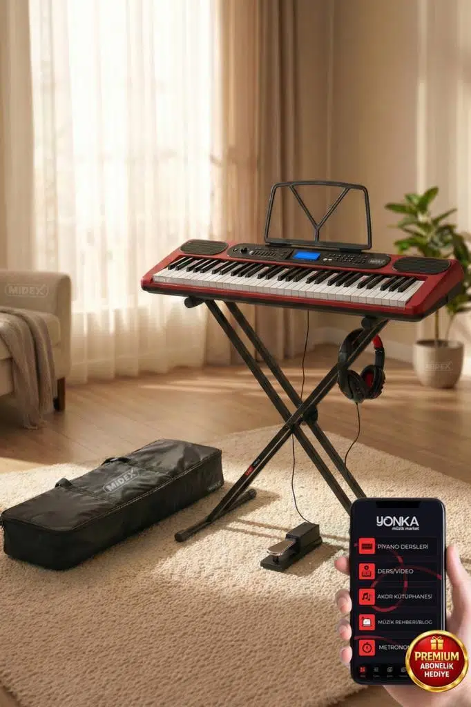 Midex PS-5200RD-HSS Pro Org 61 LED Işıklı Tuş Hassasiyetli Bluetooth Midi Kulaklık Stand Sustain