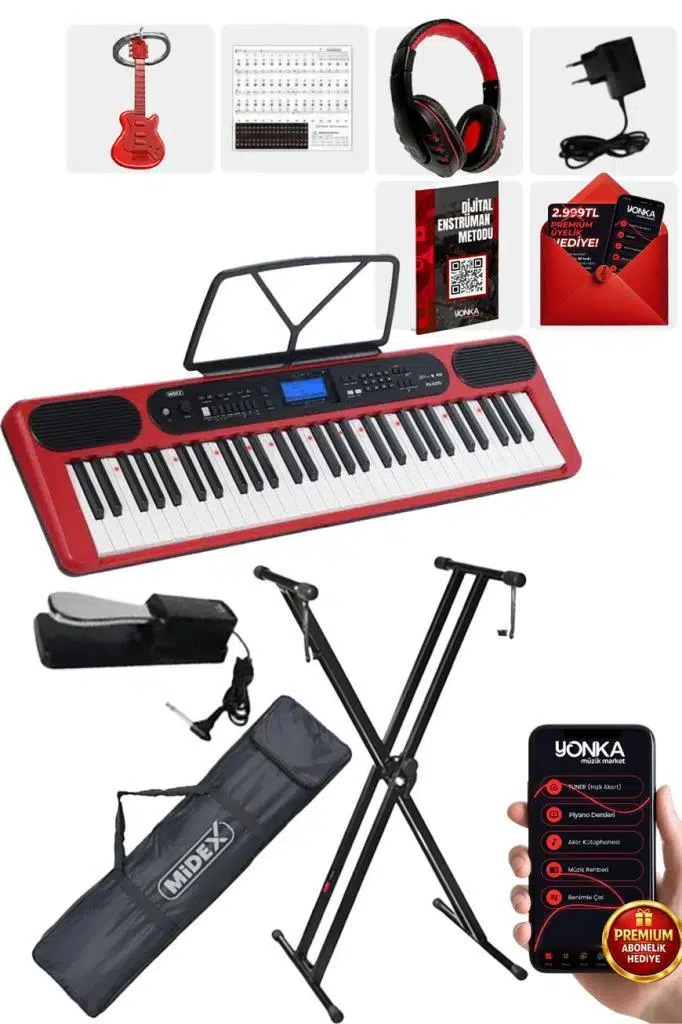 Midex PS-5200RD-HSS Pro Org 61 LED Işıklı Tuş Hassasiyetli Bluetooth Midi Kulaklık Stand Sustain