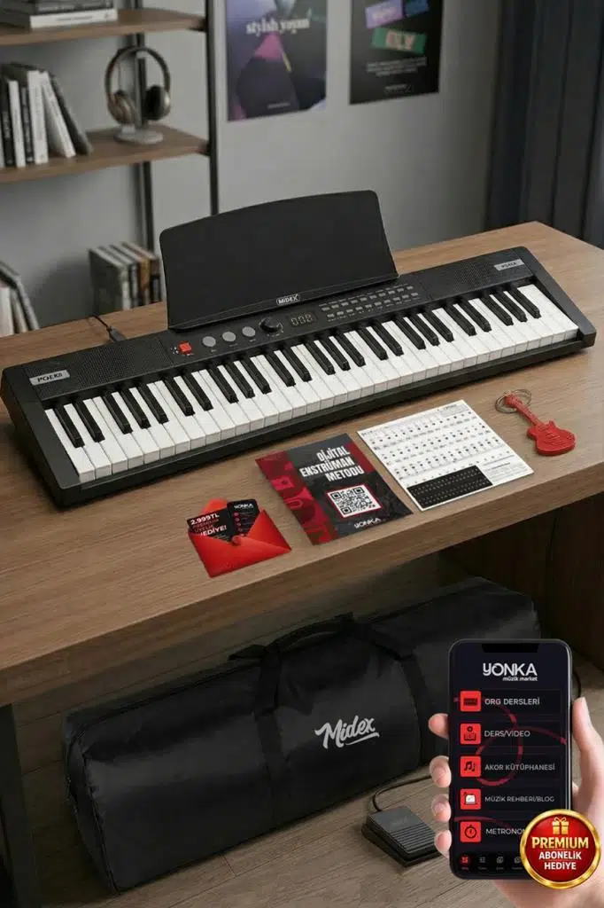 Midex PS4000BK Tuş Hassasiyetli 61 Tuşlu Org Bluetooth USB Midi METOD (Sustain Pedalı Çanta)
