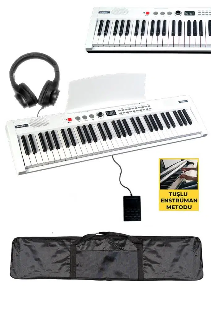 Midex PS4000WH-SET Tuş Hassasiyetli 61 Tuşlu Org Bluetooth USB Midi (Sustain Pedalı Çanta Kulaklık Stand METOD)