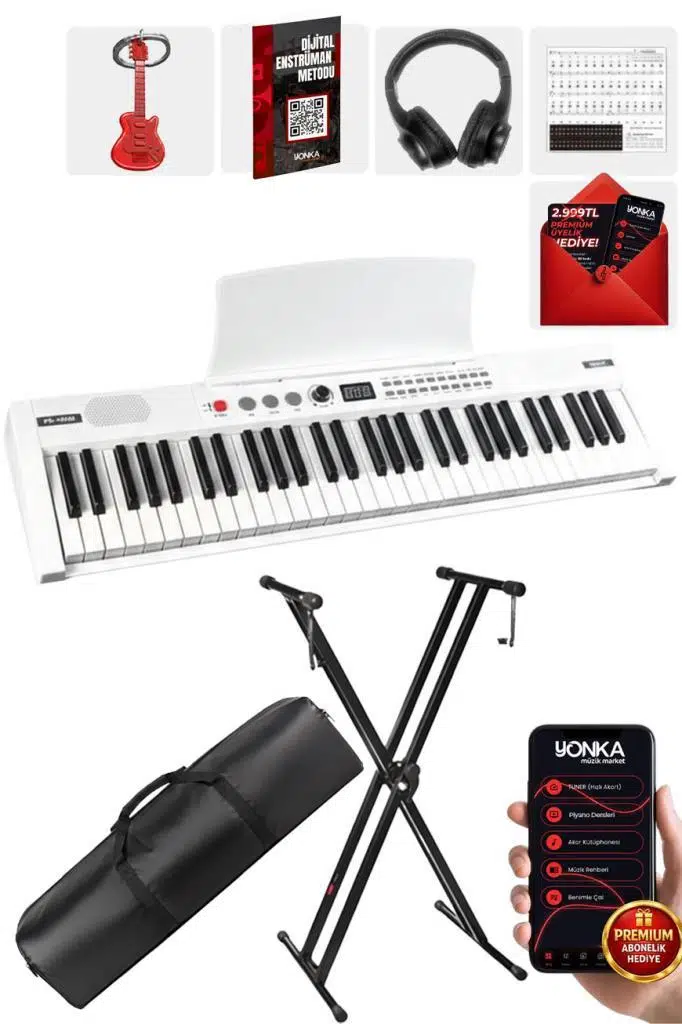 Midex PS4000WH-SET Tuş Hassasiyetli 61 Tuşlu Org Bluetooth USB Midi (Sustain Pedalı Çanta Kulaklık Stand METOD)