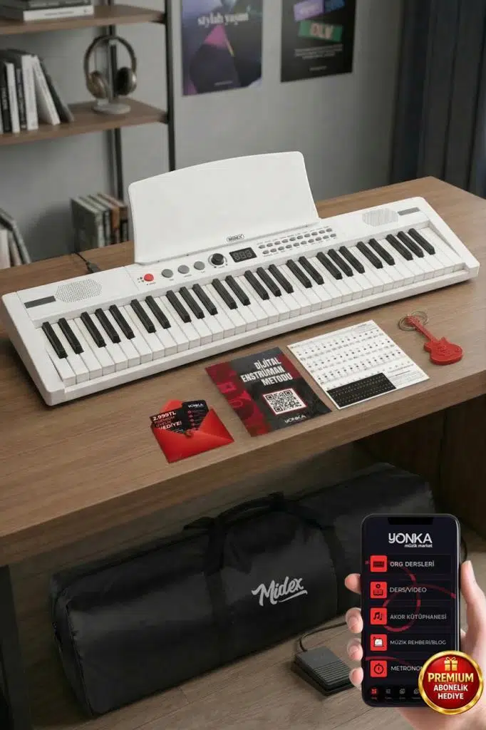 Midex PS4000WH Tuş Hassasiyetli 61 Tuşlu Org Bluetooth USB Midi METOD (Sustain Pedalı Çanta)