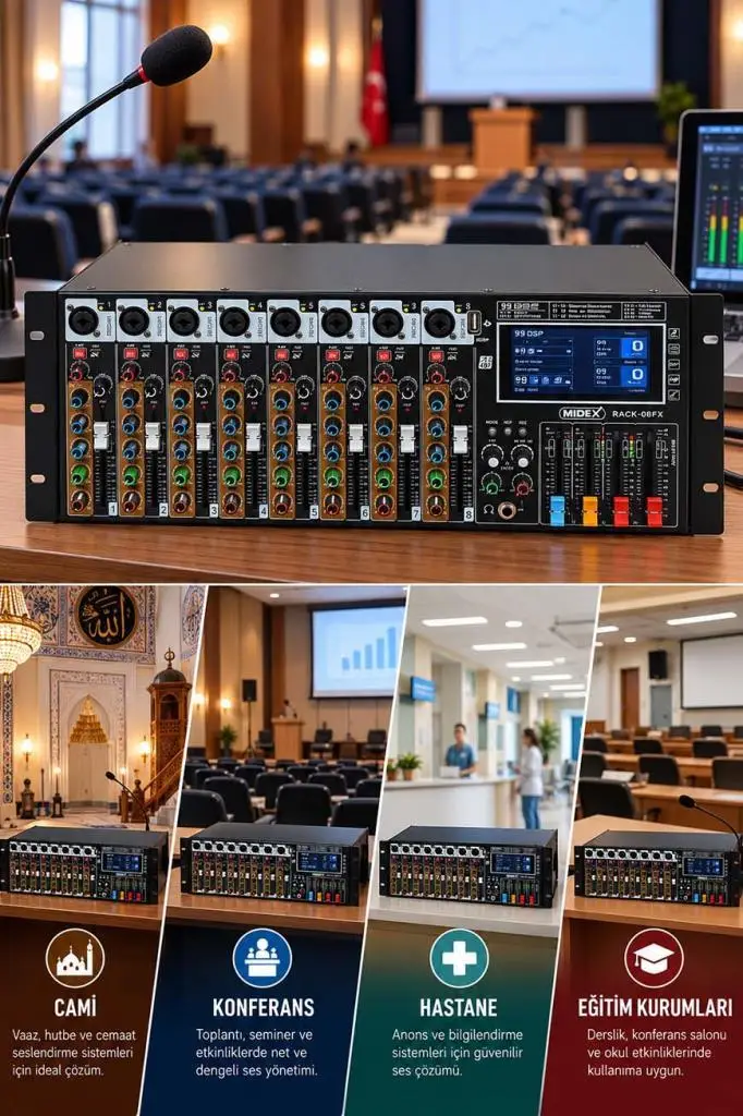 Midex RACK-08FX Rack Tipi Power Mikser 2x600W 8 Kanal USB 99 DSP Phantomlu Amfili Mikser Efektli