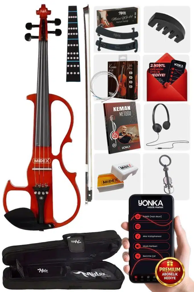 Midex RCZ-606RD Elektro Keman Seti Red (Kulaklık Kablo Yastık)