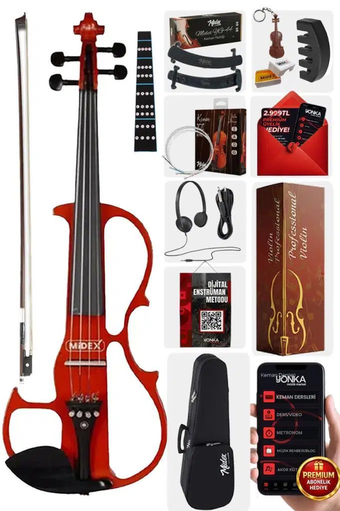 Midex RCZ-606RD Elektro Keman Seti Red (Kulaklık Kablo Yastık)