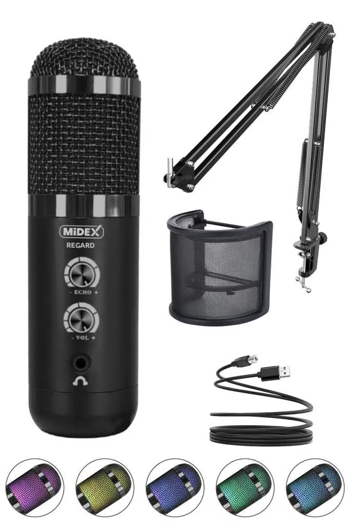 Midex REGARD RGB Set USB Ekholu Oyuncu ve Yayıncı Mikrofonu (Kayıt Gaming Tiktok Twitch Canlı yayın Discord Youtube)