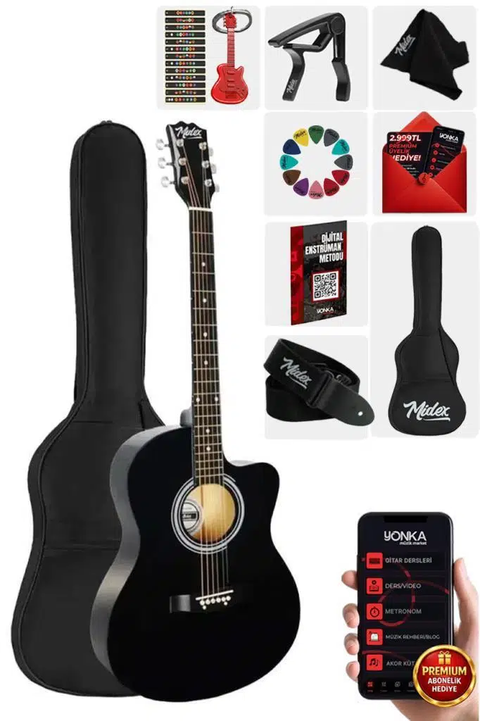 Midex RG-540BK Kaliteli Kesik Kasa Siyah 40 İnç Akustik Gitar Seti 4/4 Yetişkin