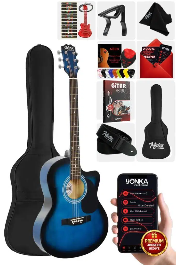 Midex RG-540BL Kaliteli Kesik Kasa Mavi 40 İnç Akustik Gitar Seti 4/4 Yetişkin