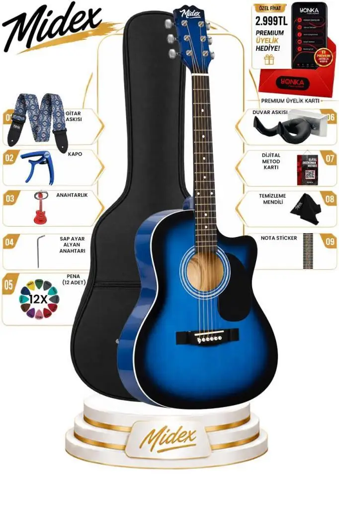 Midex RG-540BL Kaliteli Kesik Kasa Mavi 40 İnç Akustik Gitar Seti 4/4 Yetişkin