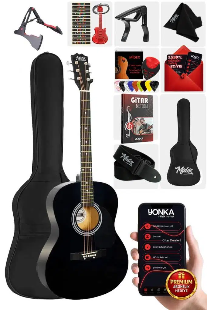 Midex RG-550BK Pack Kaliteli Siyah 40 İnç Akustik Gitar Seti 4/4 Yetişkin