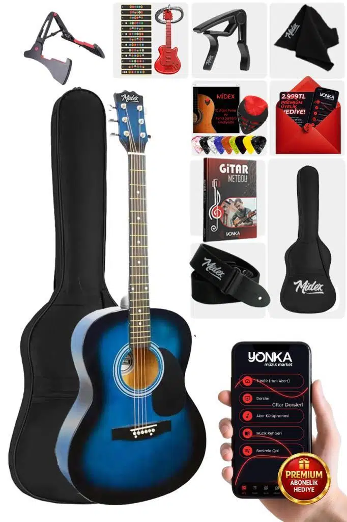 Midex RG-550BL Pack Kaliteli Mavi 40 İnç Akustik Gitar Seti 4/4 Yetişkin