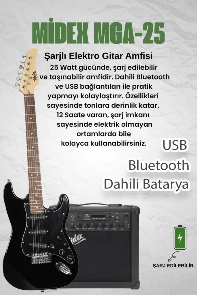 Midex RPH-30BK-25AMP Gül Klavye SSS 25W Amfili Elektro Gitar Seti