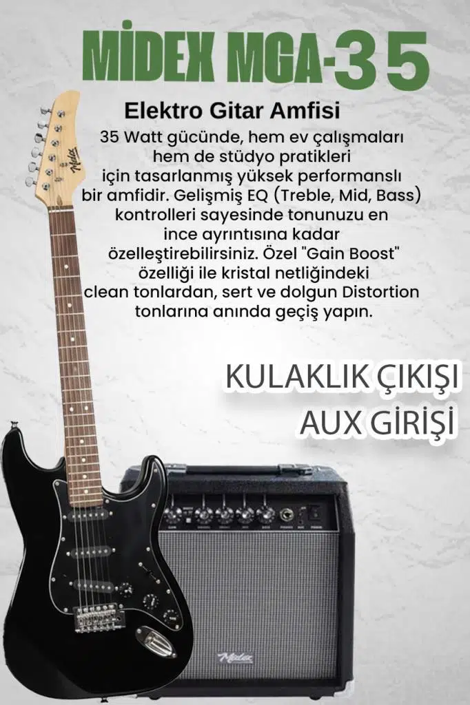 Midex RPH-30BK-35AMP Gül Klavye Strat Kasa SSS 35W Elektro Gitar Seti