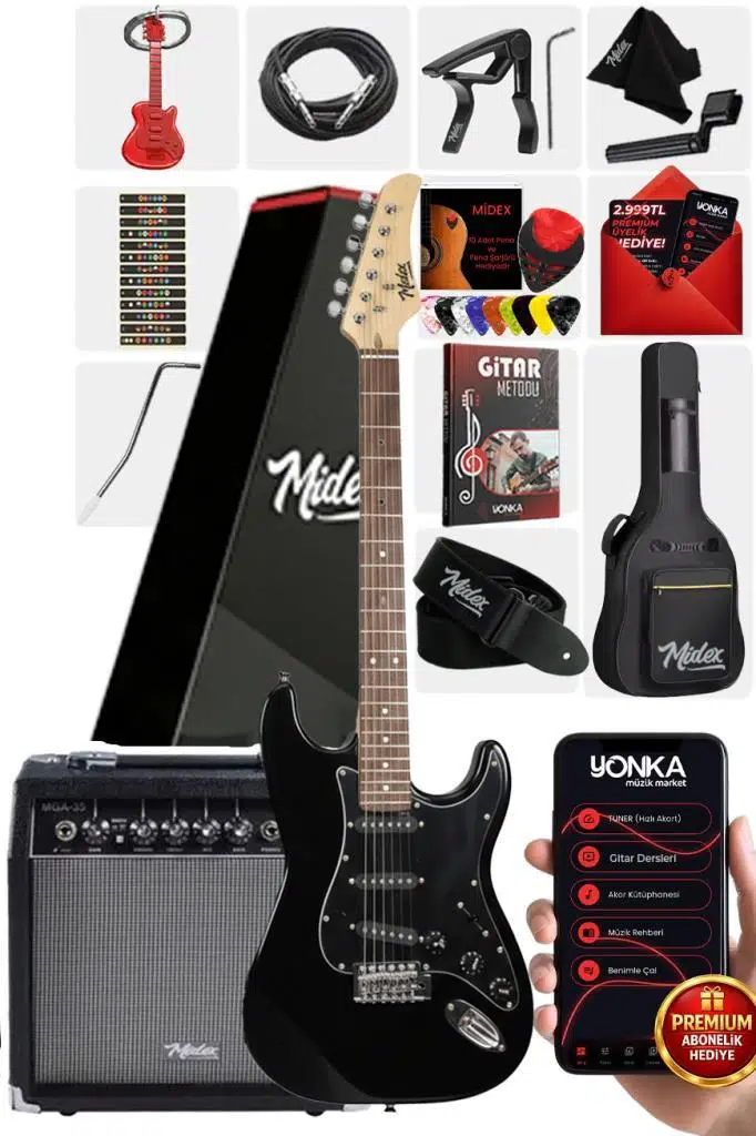 Midex RPH-30BK-35AMP Gül Klavye Strat Kasa SSS 35W Elektro Gitar Seti Midex RPH-30BK-35AMP Gül Klavye Strat Kasa SSS 35W Elektro Gitar Seti