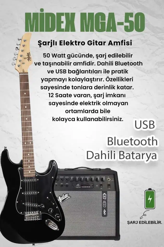 Midex RPH-30BK-50AMP Gül Klavye SSS 50W Amfili Elektro Gitar Seti
