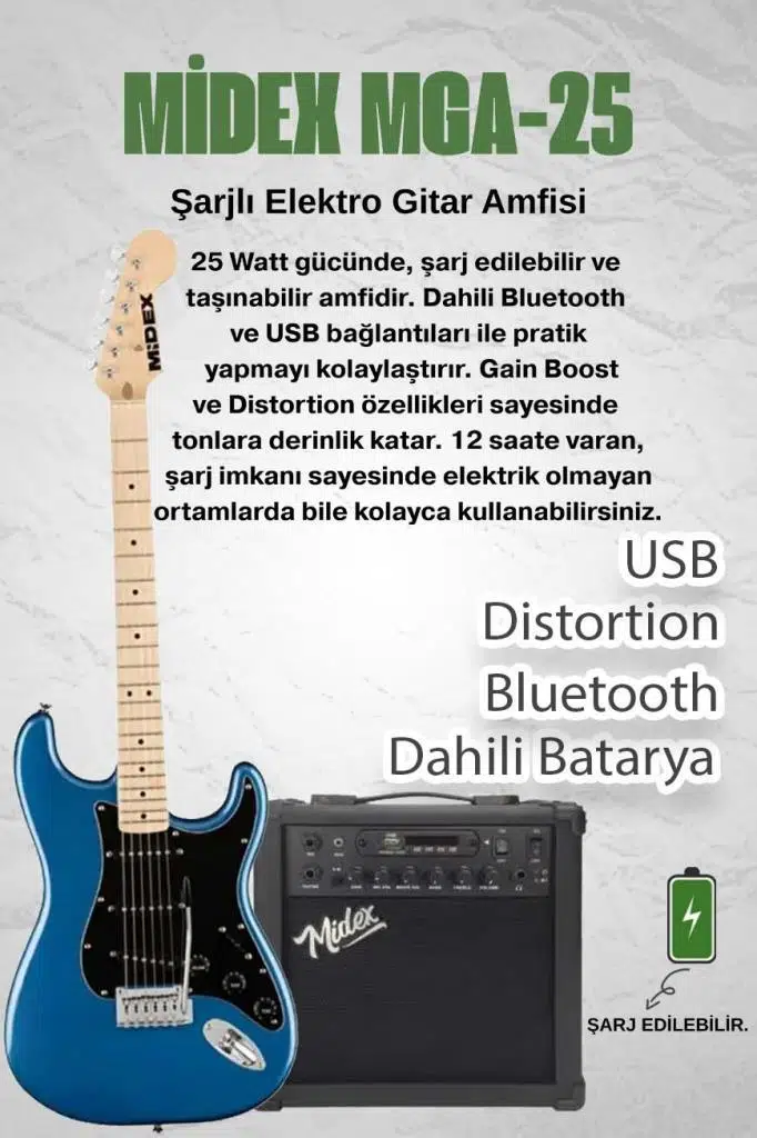 Midex RPH-30BL-25AMP Maple Klavye SSS 25W Amfili Elektro Gitar Seti Midex RPH-30BL-25AMP Maple Klavye SSS 25W Amfili Elektro Gitar Seti