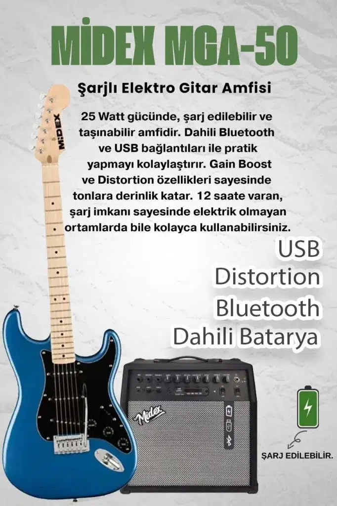 Midex RPH-30BL-50AMP Maple Klavye SSS 50W Amfili Elektro Gitar Seti Midex RPH-30BL-50AMP Maple Klavye SSS 50W Amfili Elektro Gitar Seti