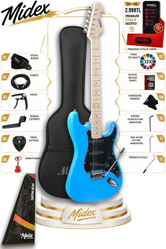 Midex RPH-30BL Maple Klavye Strat Kasa SSS Elektro Gitar Seti Midex RPH-30BL Maple Klavye Strat Kasa SSS Elektro Gitar Seti