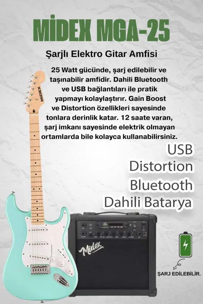 Midex RPH-30GR-25AMP Maple Klavye SSS 25W Amfili Elektro Gitar Seti Midex RPH-30GR-25AMP Maple Klavye SSS 25W Amfili Elektro Gitar Seti