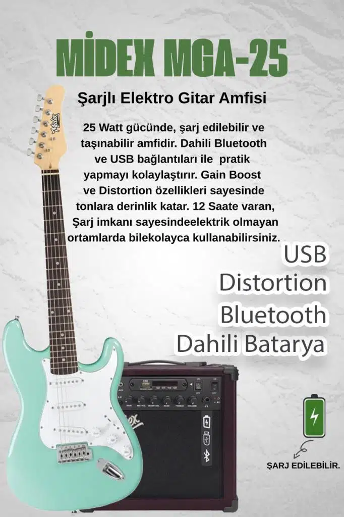 Midex RPH-30GR-25AMP Maple Klavye SSS 25W Amfili Elektro Gitar Seti