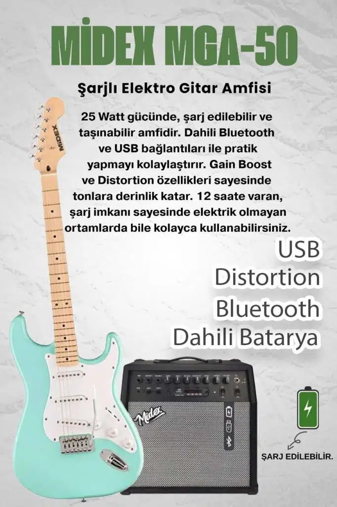 Midex RPH-30GR-50AMP Maple Klavye SSS 50W Amfili Elektro Gitar Seti