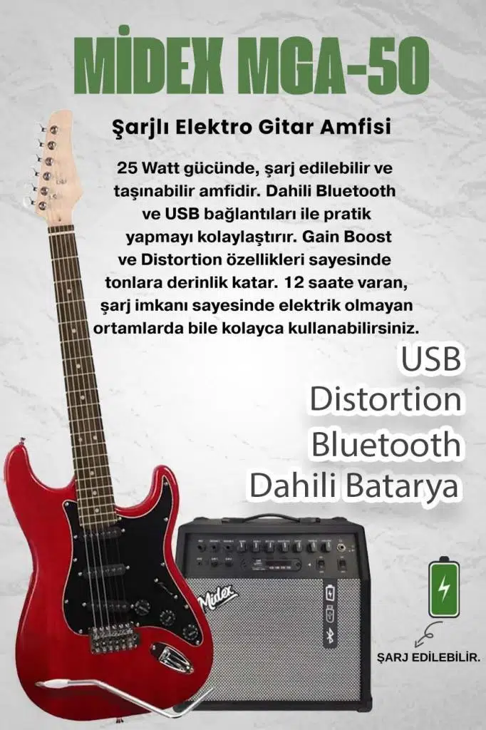 Midex RPH-30RD-50AMP Gül Klavye SSS 50W Amfili Elektro Gitar Seti Midex RPH-30RD-50AMP Gül Klavye SSS 50W Amfili Elektro Gitar Seti