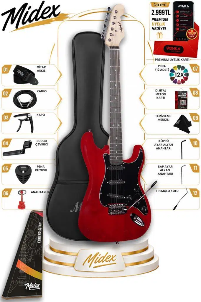 Midex RPH-30RD Gül Klavye Strat Kasa SSS Elektro Gitar Seti