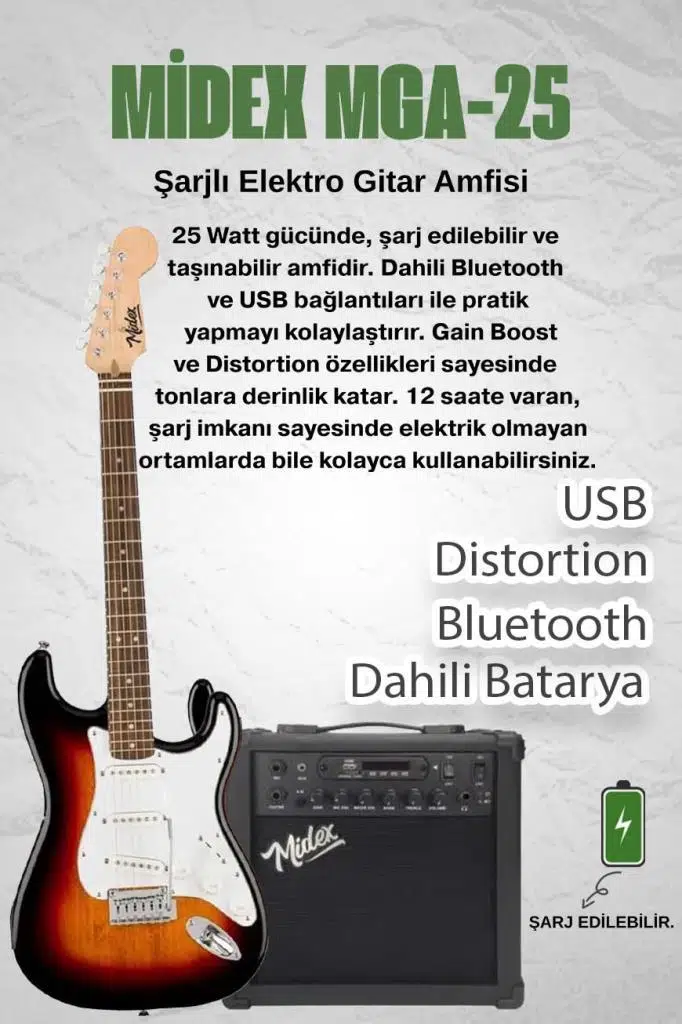 Midex RPH-30SB-25AMP Gül Klavye SSS 25W Amfili Elektro Gitar Seti Midex RPH-30SB-25AMP Gül Klavye SSS 25W Amfili Elektro Gitar Seti
