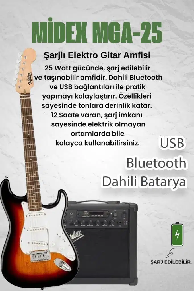 Midex RPH-30SB-25AMP Gül Klavye SSS 25W Amfili Elektro Gitar Seti Midex RPH-30SB-25AMP Gül Klavye SSS 25W Amfili Elektro Gitar Seti