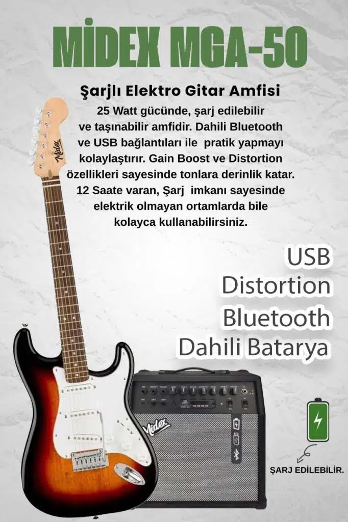 Midex RPH-30SB-50AMP Gül Klavye SSS 50W Amfili Elektro Gitar Seti Midex RPH-30SB-50AMP Gül Klavye SSS 50W Amfili Elektro Gitar Seti
